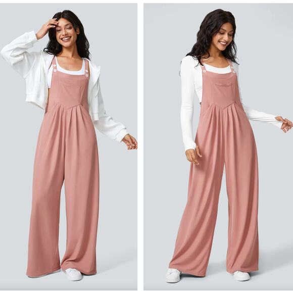 HALARA Waffle Wide Leg Overalls Jumpsuit Rose Tan Pink Sz M NWT {3Y21} - Picture 1 of 2